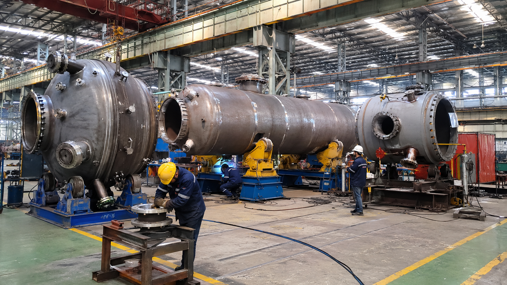 Welding assistance and positioning equipment used in a pressure vessel manufacturing workshop in Malaysia